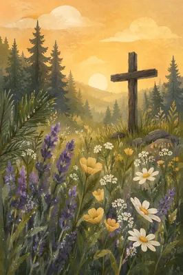 Morning Wildflower Meadow With Wooden Cross