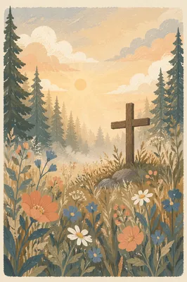 Morning Wildflower Meadow with Wooden Cross