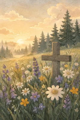 Morning Wildflower Meadow with Wooden Cross