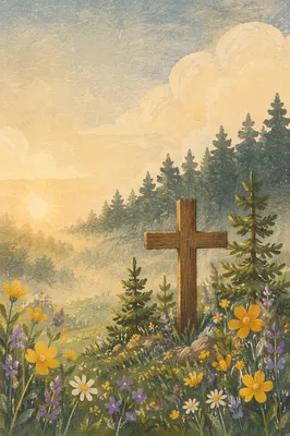 Morning Wildflower Meadow with Wooden Cross