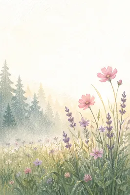 Dawn Wildflower Meadow with Evergreen Mist