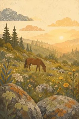 Dawn Wildflower Meadow with Grazing Horse
