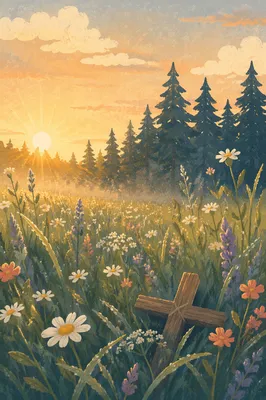 Morning Wildflower Meadow With Wooden Cross