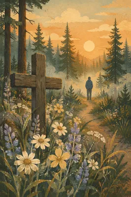 Morning Wildflower Meadow with Wooden Cross