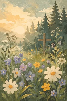 Dawn Wildflower Meadow With Hidden Wooden Cross