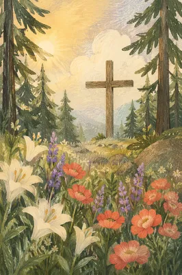Morning Wildflowers Beside Evergreen Cross