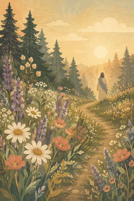 Dawn Wildflower Meadow With Evergreen Pines