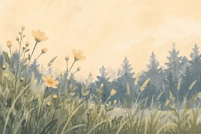 Pale Yellow Wildflowers in Morning Meadow Light