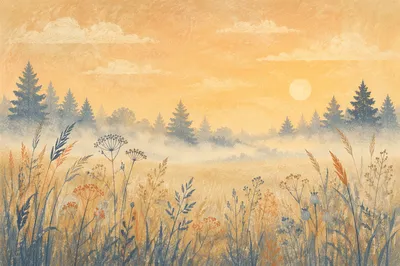 Misty Wildflower Meadow in Golden Sunrise