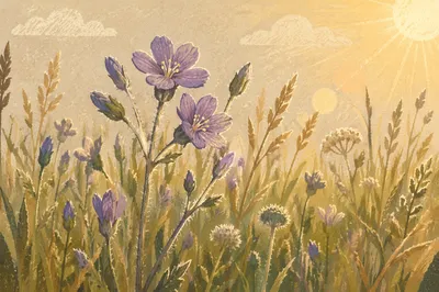 Soft Morning Wildflowers in Evergreen Meadow