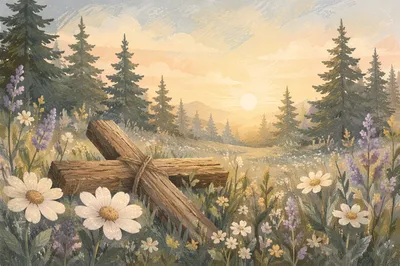 Morning Meadow Cross Among Evergreen Wildflowers