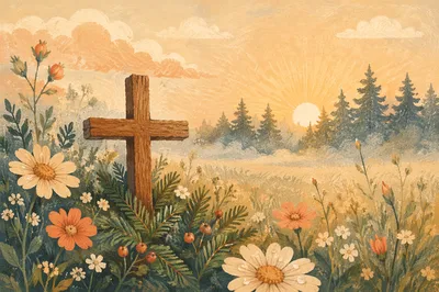 Wooden Cross in Morning Wildflower Meadow