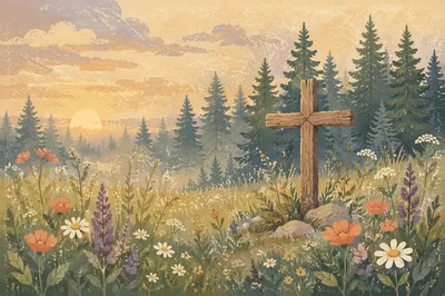 Wildflower Meadow Cross in Morning Light