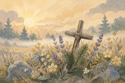Dawn Wildflower Meadow with Wooden Cross