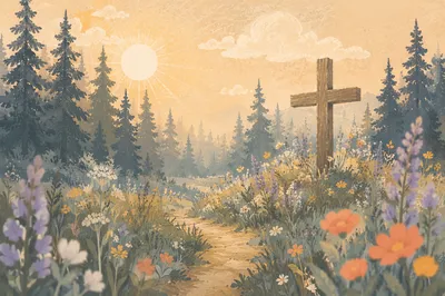 Morning Wildflower Meadow Cross by Evergreen Forest