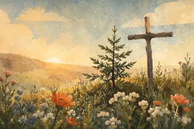 Evergreen Sapling by Cross in Morning Meadow