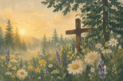 Morning Wildflower Meadow with Wooden Cross