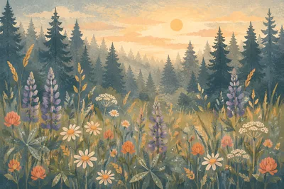 Wildflower Meadow by Evergreen Forest Dawn