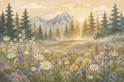 Wildflower Meadow with Evergreens at Dawn