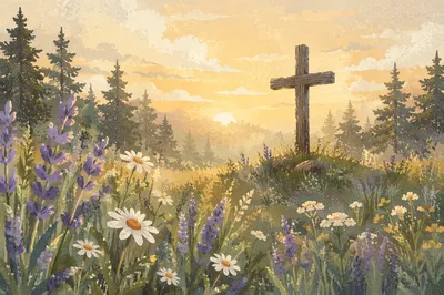 Morning Wildflower Meadow with Wooden Cross