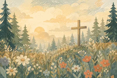 Morning Wildflower Meadow With Wooden Cross