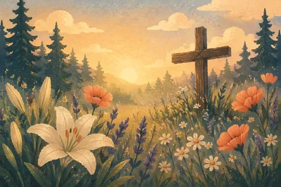 Morning Wildflower Meadow with Wooden Cross