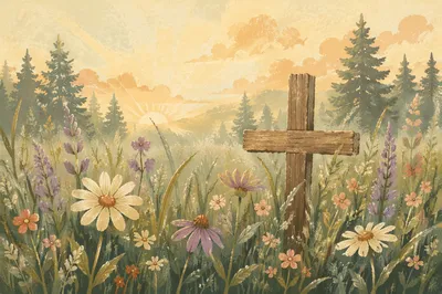 Weathered Cross Among Dawn Meadow Wildflowers