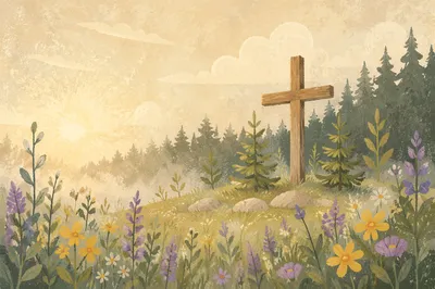 Wildflower Meadow Cross in Morning Light