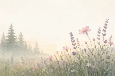 Dawn Wildflower Meadow with Evergreen Mist