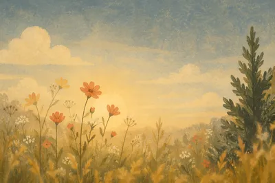 Soft Morning Wildflower Meadow with Evergreen
