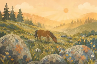 Morning Wildflower Meadow with Grazing Horse