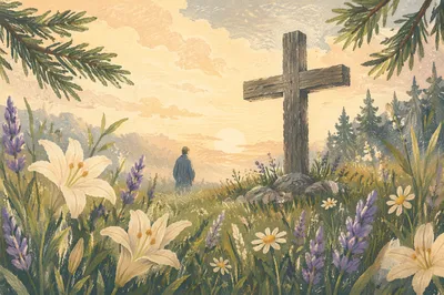 Wildflower Meadow Cross in Morning Light