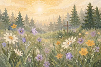 Morning Wildflower Meadow with Hidden Cross