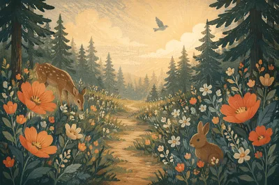 Morning Wildflower Meadow Beneath Evergreens