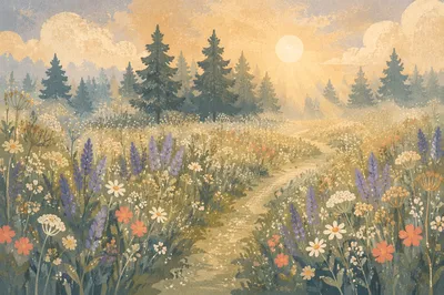 Dawn Wildflower Meadow with Evergreen Path