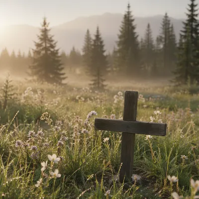 Dawn Wildflower Meadow with Wooden Cross