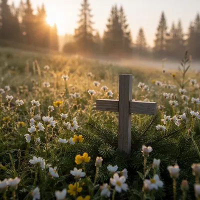 Wildflower Meadow Cross in Morning Light