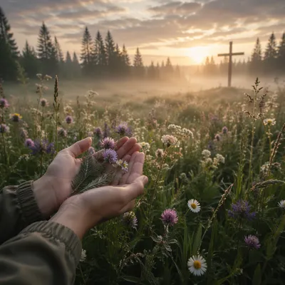 Prayer Hands in Misty Evergreen Meadow