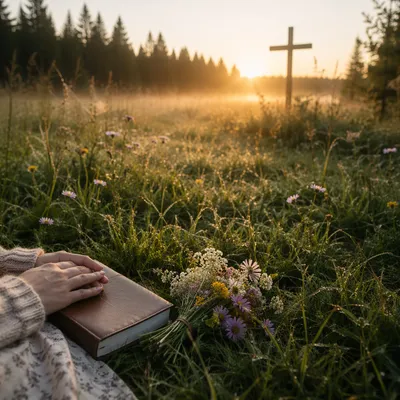 Morning Wildflower Meadow with Wooden Cross