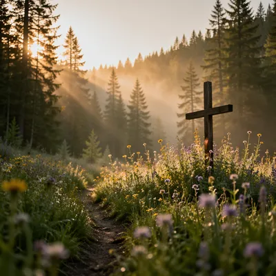 Morning Wildflower Meadow With Wooden Cross