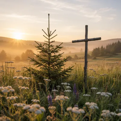 Evergreen Sapling Beside Meadow Cross at Dawn
