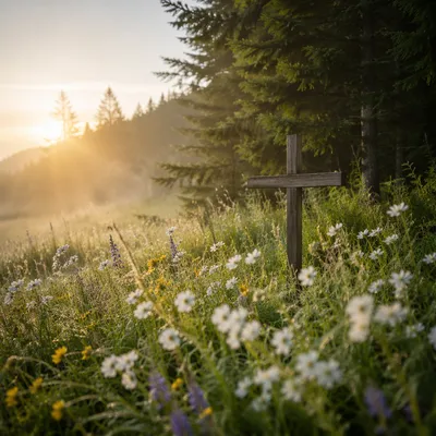 Morning Wildflower Meadow with Wooden Cross