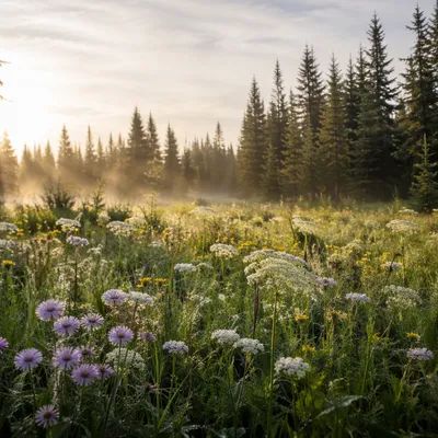 Soft Morning Wildflower Meadow with Evergreens