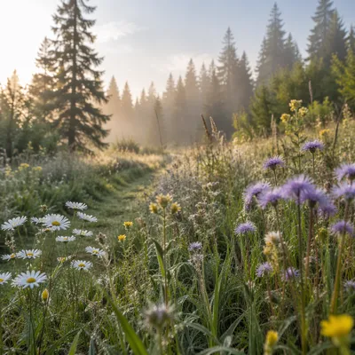 Morning Wildflower Meadow with Evergreen Mist