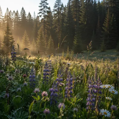 Wildflower Meadow by Evergreen Forest Dawn