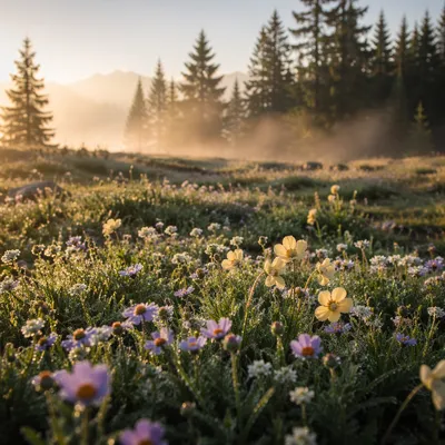 Wildflower Meadow with Evergreens at Dawn