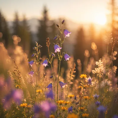 Evergreen Meadow Wildflowers in Soft Dawn Light