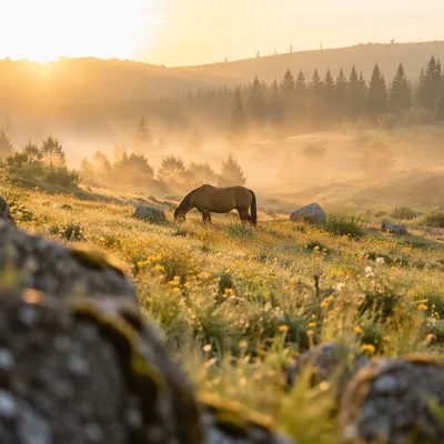Wildflower Meadow at Dawn with Evergreens