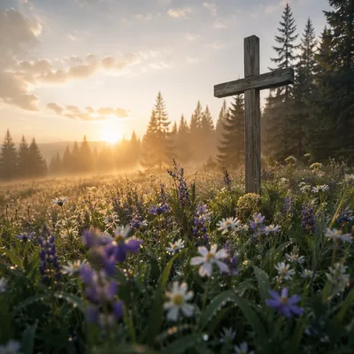 Wooden Cross in Misty Wildflower Meadow