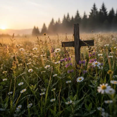 Wildflower Meadow Cross in Morning Light